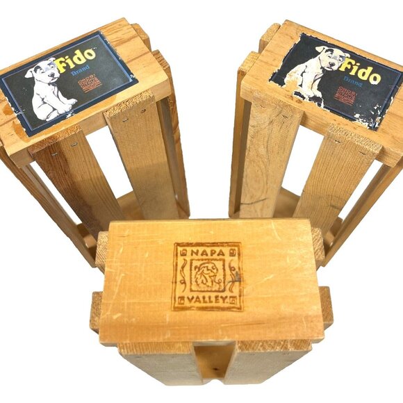 Napa Valley Box Company Fido 3 Vtg Wood Cassette Tape Storage Crates Fruit Label - Picture 1 of 13